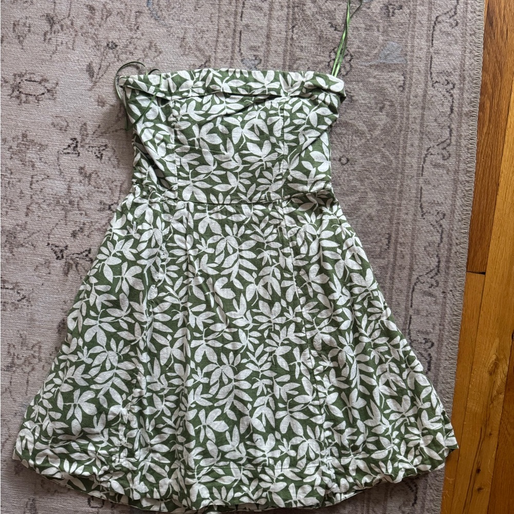 Abercrombie & Fitch Olive Green and White Strapless Leaf-Print Dress